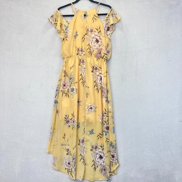 Floral Hi Low Cold Shoulder Maxi Dress Womens Medium M Butter Yellow Boho Flowy - Picture 3 of 16